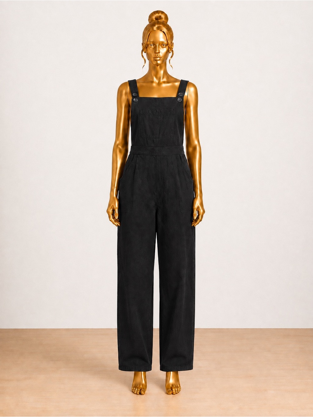 Black Wide Leg Bib Overall Jumpsuit Button Strap Pockets Size Large